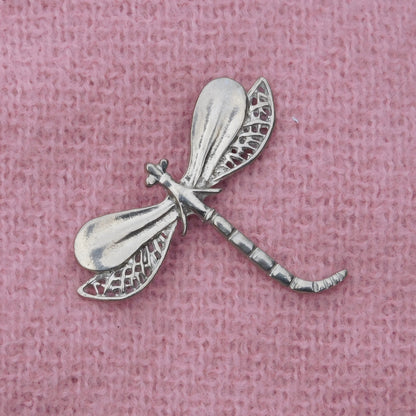 Dragonfly Brooch (Lacy Wing Design), Handcast Pewter Brooch, Polished Finish