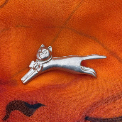 Cat Brooch, (Leaping Design), Handcast Pewter, Polished Finish