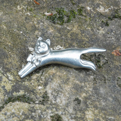Cat Brooch, (Leaping Design), Handcast Pewter, Polished Finish