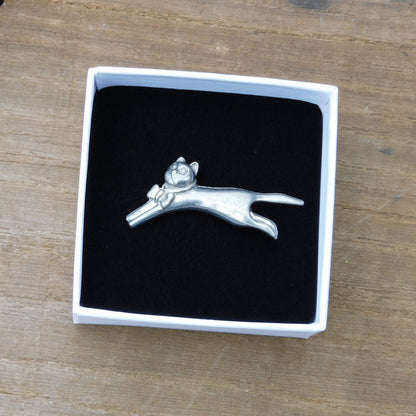Cat Brooch, (Leaping Design), Handcast Pewter, Polished Finish