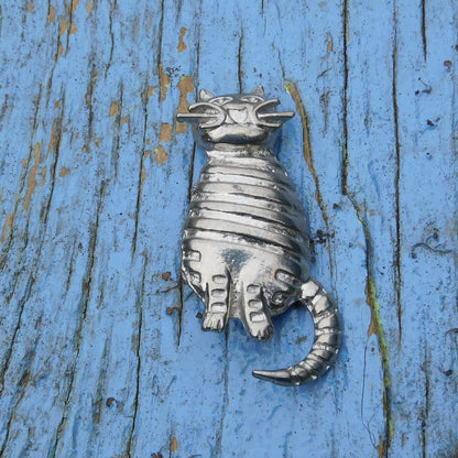 Cat Brooch, (Striped Design), Handcast Pewter, Polished Finish