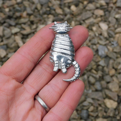 Cat Brooch, (Striped Design), Handcast Pewter, Polished Finish