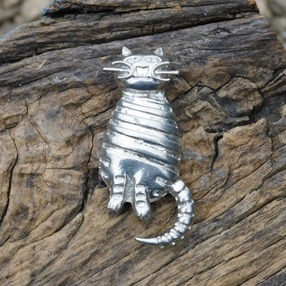 Cat Brooch, (Striped Design), Handcast Pewter, Polished Finish