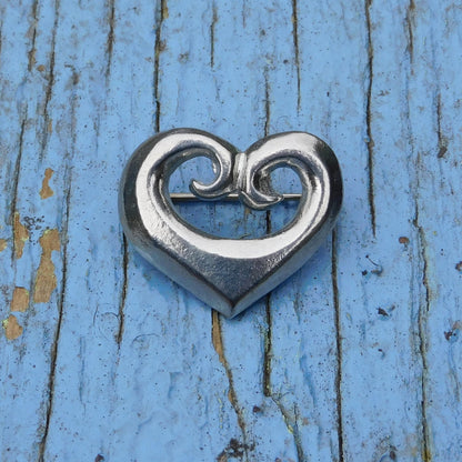 Koru Heart Brooch, Handcast Pewter, Polished Finish