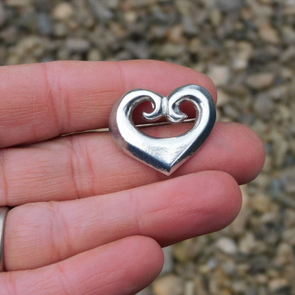 Koru Heart Brooch, Handcast Pewter, Polished Finish
