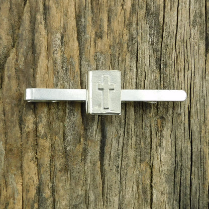 Bible Tie Clip with Raised Cross, Handcast Pewter Tie Clip, Polished Finish