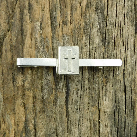 Bible Tie Clip with Raised Cross, Handcast Pewter Tie Clip, Polished Finish
