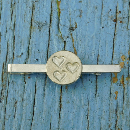 Three Heart Tie Clip, Handcast Pewter Tie Clip, Polished Finish