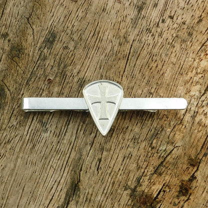 Knights Templar Tie Clip (Long Shield, Raised Cross), Handcast Pewter Tie Clip, Polished Finish