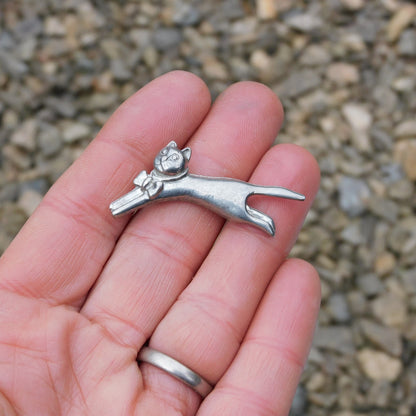 Cat Brooch, (Leaping Design), Handcast Pewter, Polished Finish