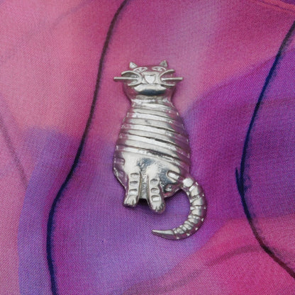 Cat Brooch, (Striped Design), Handcast Pewter, Polished Finish