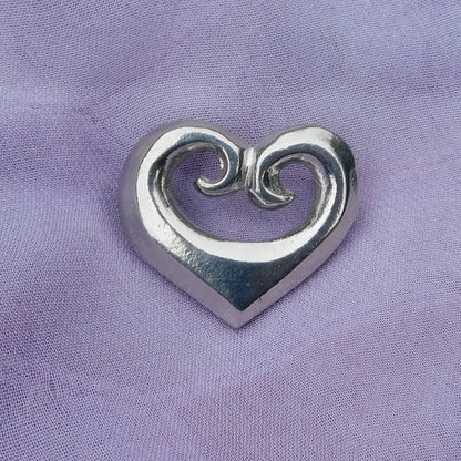 Koru Heart Brooch, Handcast Pewter, Polished Finish