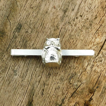 Owl Tie Clip (Perched Owl Design), Handcast Pewter Tie Clip, Polished Finish