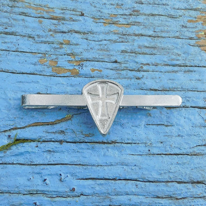 Knights Templar Tie Clip (Long Shield, Inset Cross), Handcast Pewter Tie Clip, Polished Finish