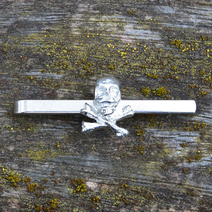 Skull and Cross Bone Tie Clip, Handcast Pewter Tie Clip, Polished Finish