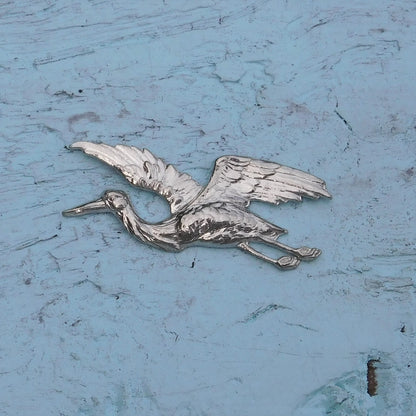 Stork Brooch, Handcast Pewter, Polished Finish
