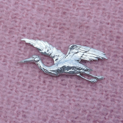 Stork Brooch, Handcast Pewter, Polished Finish