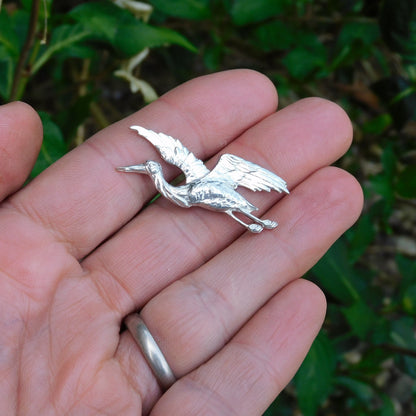 Stork Brooch, Handcast Pewter, Polished Finish