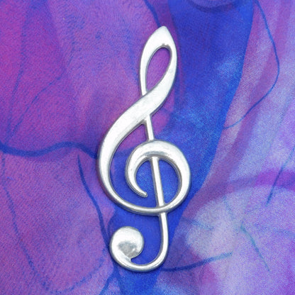 Treble Clef Brooch (Large, 10 cm), Handcast Pewter, Polished Finish