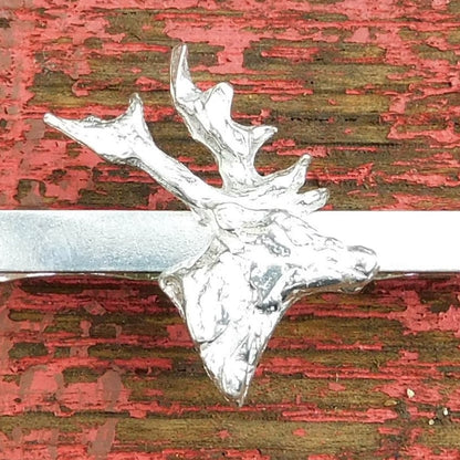 Stag’s Head Tie Clip, Handcast Pewter Tie Clip, Polished Finish