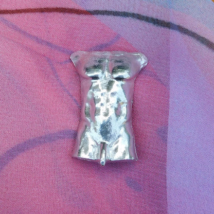 Male Torso Brooch (Front View), Handcast Pewter, Polished Finish