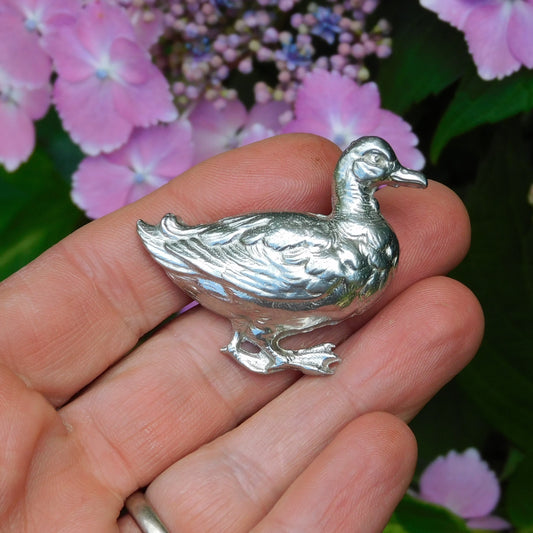 Duck Brooch, Handcast Pewter Brooch, Polished Finish