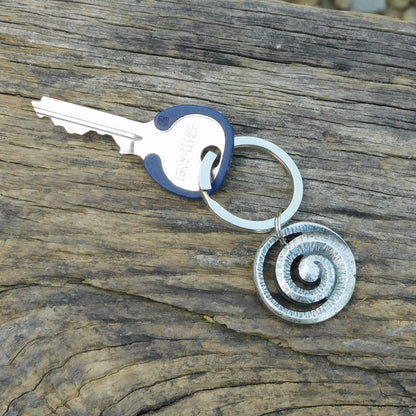Maori Spiral Keyring, Engraved Spiral Key Fob, Handmade, by William Sturt, in Fine Pewter