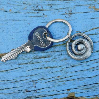 Maori Spiral Keyring, Engraved Spiral Key Fob, Handmade, by William Sturt, in Fine Pewter