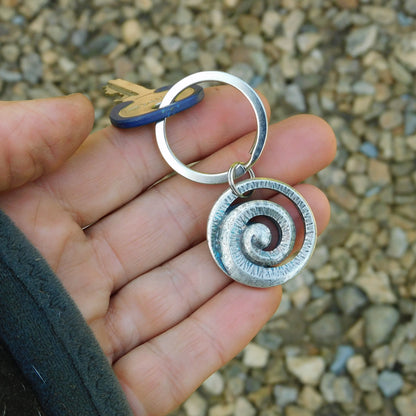 Maori Spiral Keyring, Engraved Spiral Key Fob, Handmade, by William Sturt, in Fine Pewter