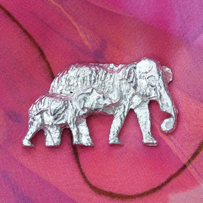 Elephant Brooch (Mother and Calf), Handcast Pewter, Polished Finish