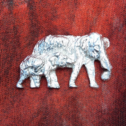 Elephant Brooch (Mother and Calf), Handcast Pewter, Polished Finish