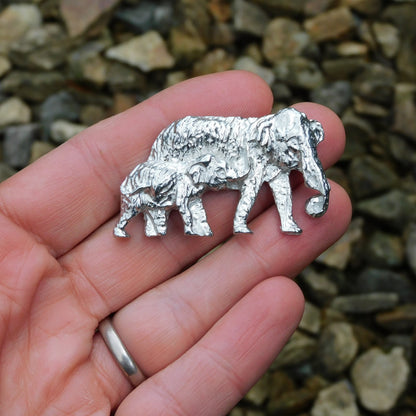 Elephant Brooch (Mother and Calf), Handcast Pewter, Polished Finish