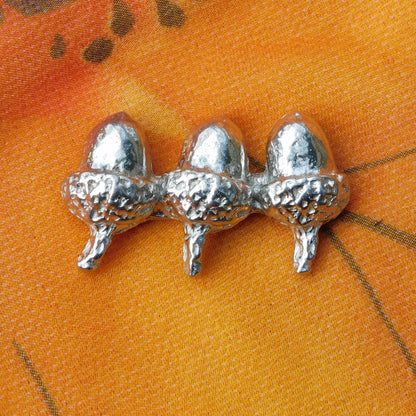 Three Acorns Brooch, Handcast Pewter, Polished Finish