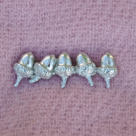 Acorn Brooch (Five Acorns Design), Handcast Pewter Brooch, Polished Finish