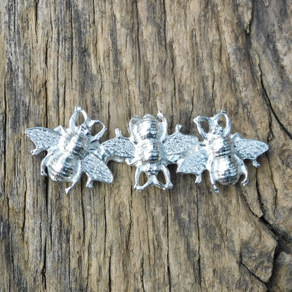 Bee Brooch (Three, Side by Side), Handcast Pewter, Polished Finish