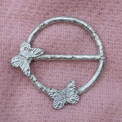 Butterfly Scarf Ring, Oak Twig Circle, Handcast Pewter, Polished Finish