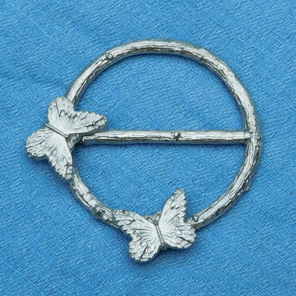 Butterfly Scarf Ring, Oak Twig Circle, Handcast Pewter, Polished Finish