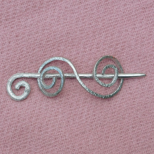 Shawl Pin, Double Koru, Shawl Brooch, Handcast in Fine Pewter by William Sturt