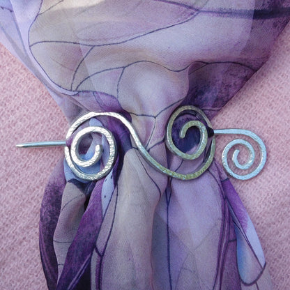 Shawl Pin, Double Koru, Shawl Brooch, Handcast in Fine Pewter by William Sturt