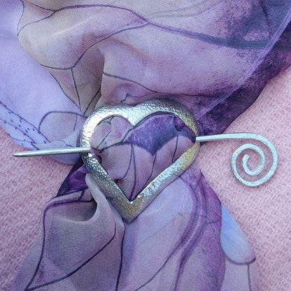 Heart Shaped Hammered Pewter Shawl Pin, Celtic Shawl Brooch, Handmade Fine Pewter by William Sturt