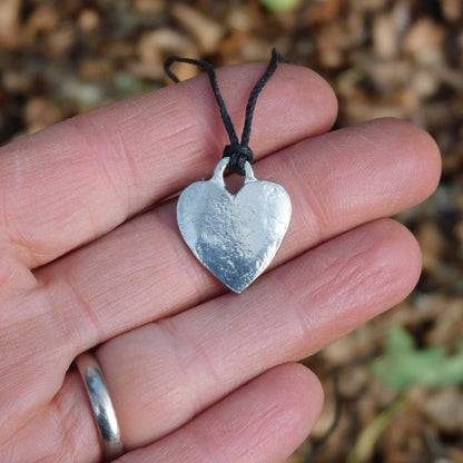Heart Pendant Necklace, Small Engravable Design, Handcast Pewter on Adjustable Waxed Cord