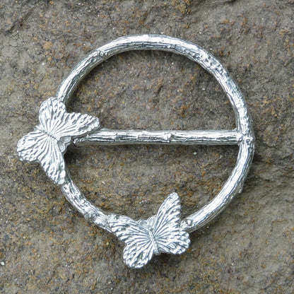 Butterfly Scarf Ring, Oak Twig Circle, Handcast Pewter, Polished Finish