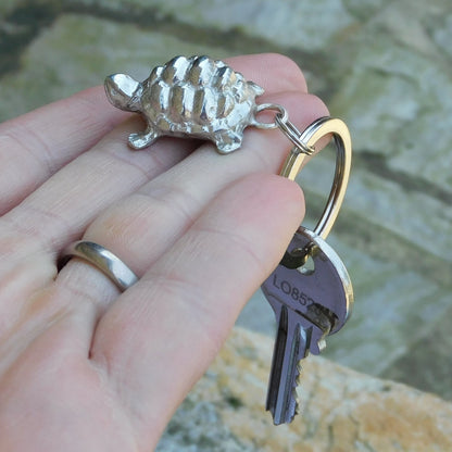 Set of Two Pewter Turtle Keyrings, Handmade 10th Anniversary Gift