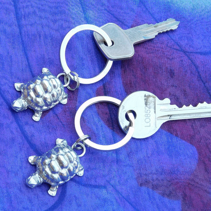 Set of Two Pewter Turtle Keyrings, Handmade 10th Anniversary Gift