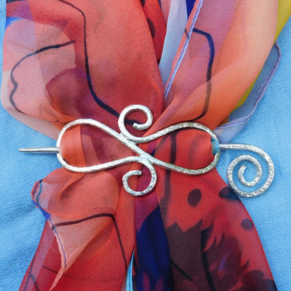 Double Koru Shawl Pin, Celtic Shawl Brooch, Handmade Fine Pewter by William Sturt
