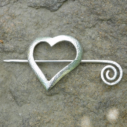 Heart Shaped Hammered Pewter Shawl Pin, Celtic Shawl Brooch, Handmade Fine Pewter by William Sturt