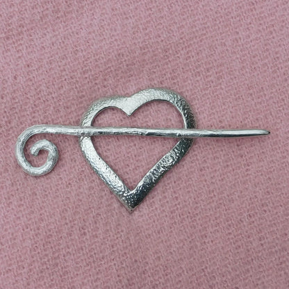 Heart Shaped Hammered Pewter Shawl Pin, Celtic Shawl Brooch, Handmade Fine Pewter by William Sturt