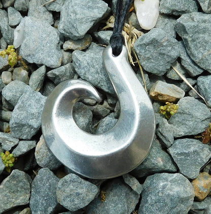 Fish Hook Pendant Necklace (Spiral Design), Maori-Inspired Handcast Pewter Pendant on Adjustable Waxed Cord