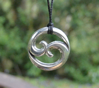 Chunky Twin Wave Pendant Necklace, Handcast Pewter on Adjustable Waxed Cord
