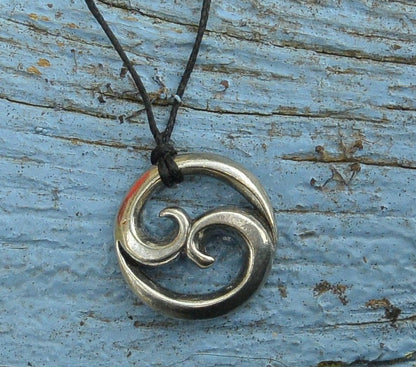 Chunky Twin Wave Pendant Necklace, Handcast Pewter on Adjustable Waxed Cord